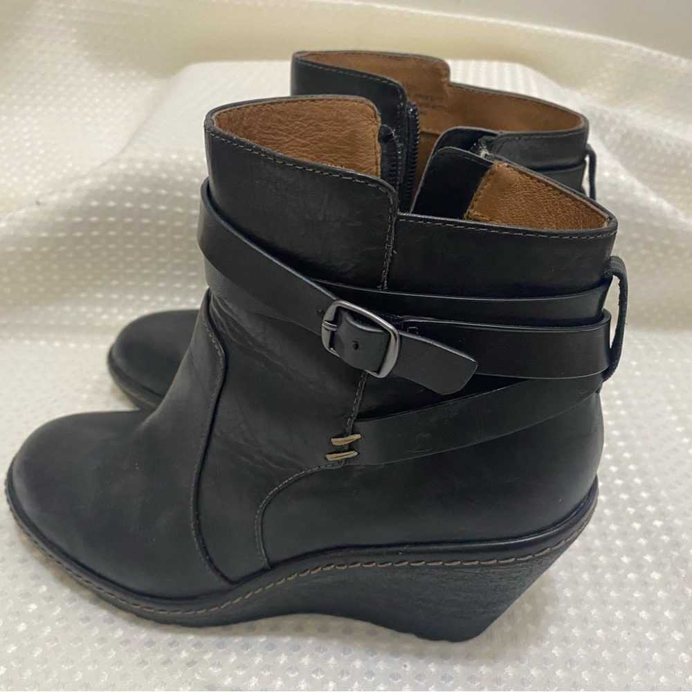 Black ankle boots, leather upper; 8M; wedge style boot; comfortable and cute.